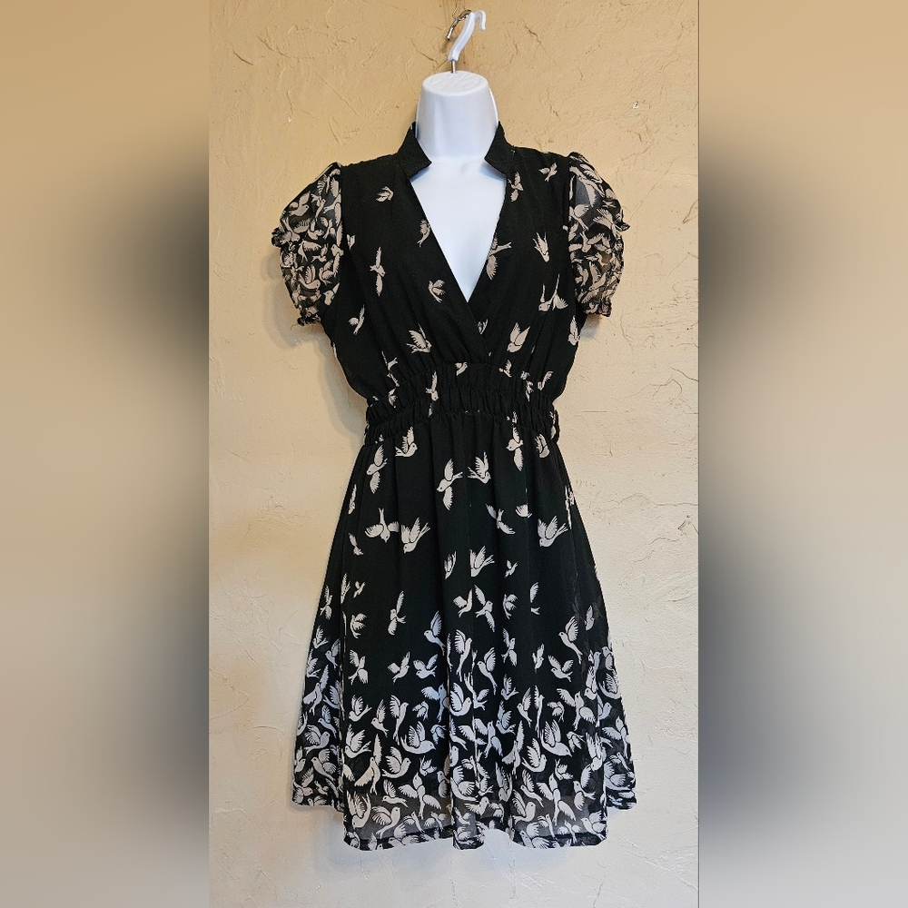 Elegant Black and White Bird Print Dress